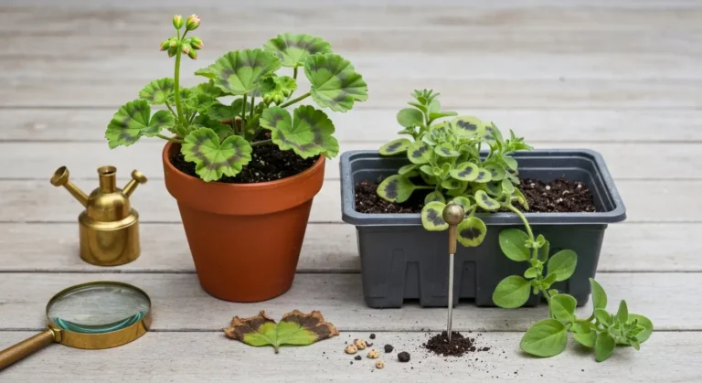 Chore rosliny balkonowe - pelargonia i surfinia z plamami i nalotem na lisciach, lupa i sonda wilgotnosci obok doniczki