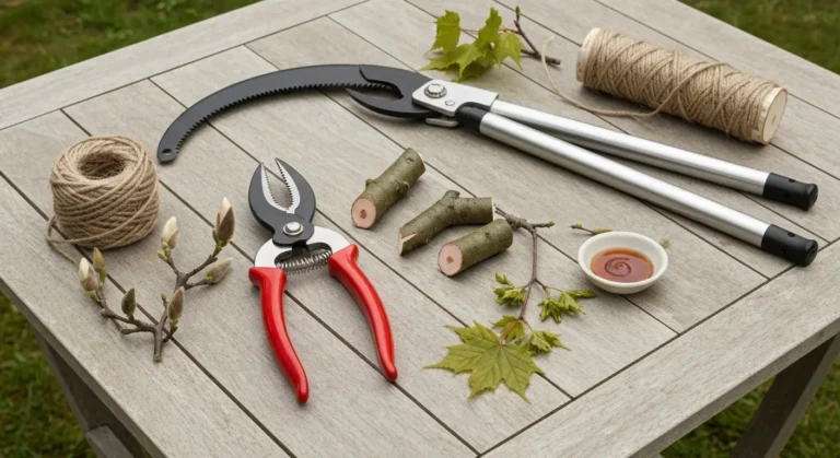 Sekator, piła ogrodnicza i rękawice na drewnianym stole obok ściętych gałązek klonu, magnolii i brzozy