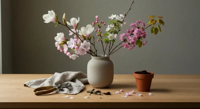 Galazki kwitnacych drzew ozdobnych - magnolia, wisnia i jablon - w ceramicznym wazonie na drewnianym stole obok sekatora
