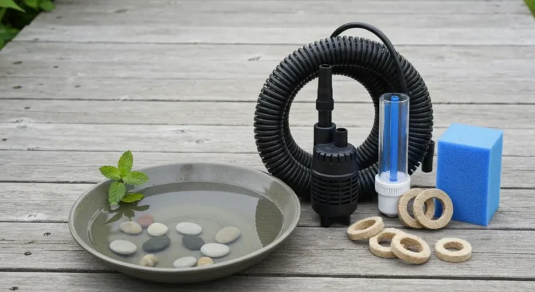 Pompa do oczka wodnego, spiralny waz, lampa UV-C, gabka filtracyjna i wklady biologiczne na drewnianym pomoscie przy mis