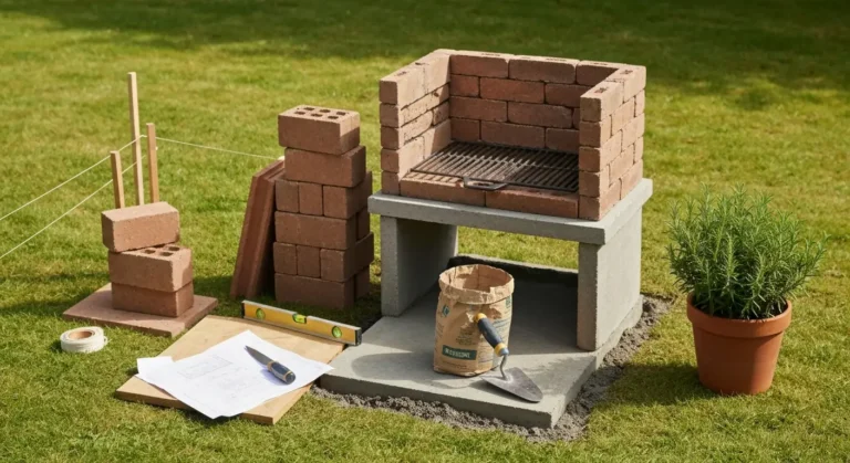 Murowany grill z cegly klinkierowej w budowie w ogrodzie, obok kielnia, poziomica i betonowy fundament