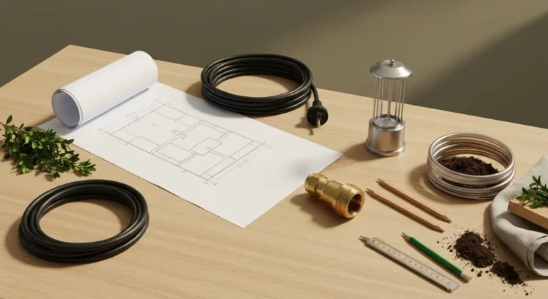 Plan ogrodu, zwinięty kabel, gniazdo ogrodowe, lampa i wąż nawadniający na drewnianym stole