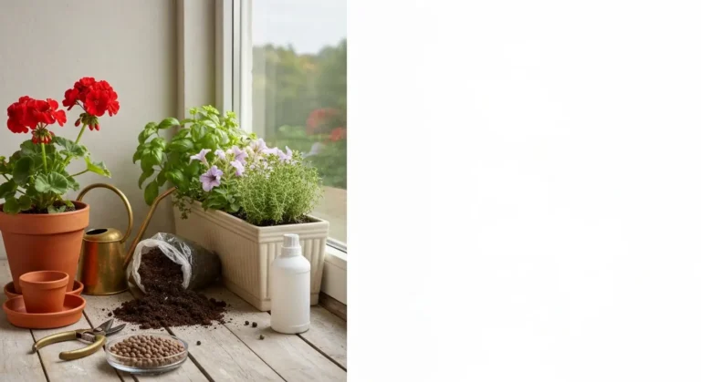 Balkonowa martwa natura - pelargonie w donicy, skrzynka z surfinia, zioła, konewka i sekator na drewnianej półce