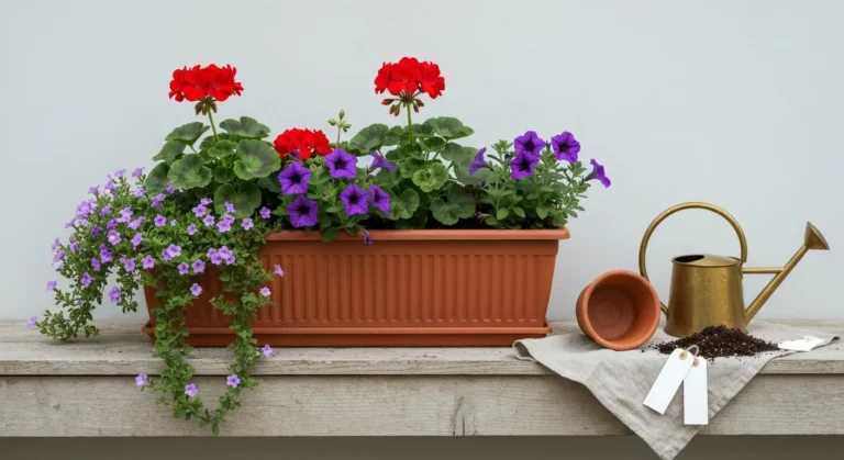 Skrzynka balkonowa z pelargoniami, petuniami i calibrachoa obok glinianej doniczki i konewki