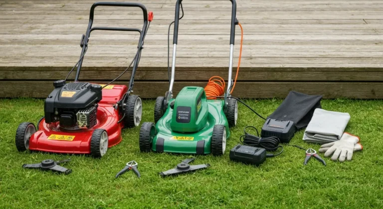Kosiarka spalinowa, elektryczna i akumulatorowa ustawione obok siebie na skoszonym trawniku z akumulatorem i ladowarka