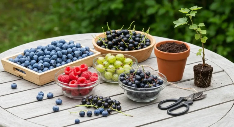Drewniany stol ogrodowy z owocami krzewow - borowki, porzeczki, agrest, maliny i aronia obok sekatora i doniczki z ziemi