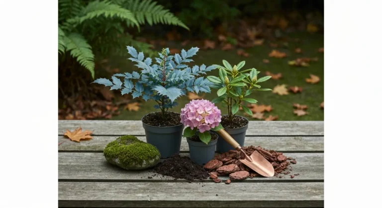 Krzewy do cienia w donicach - mahonia, rhododendron i hortensja na drewnianych deskach z korą i kamieniem