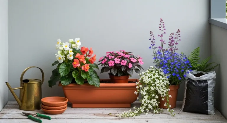 Skrzynka balkonowa z begoniami, niecierpkami i lobelia w cieniu, obok konewka i doniczki