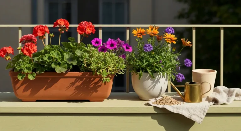 Balkonowe donice z pelargoniami, petuniami, gazaniami i portulaka w ostrym letnim sloncu, obok konewka i podloze