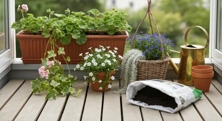Skrzynka balkonowa z pelargonia bluszczolistna i calibrachoa oraz wiszacy kosz z bakopa i lobelia na drewnianym blacie