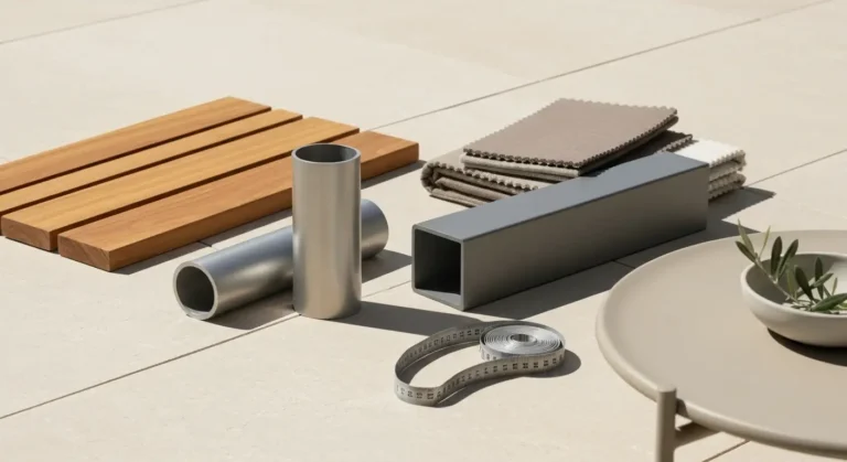 Probki materialow mebli ogrodowych - drewno teakowe, aluminium, stal i rattan z miarka na tarasie