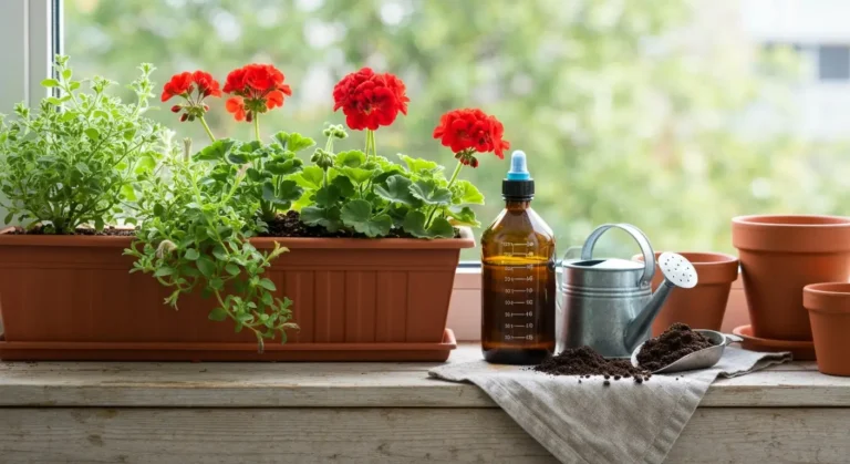 Skrzynka balkonowa z pelargoniami i surfiniami obok butelki nawozu plynnego, miarki i konewki na drewnianym parapecie
