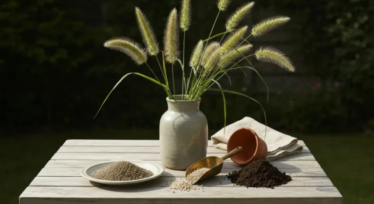 Martwa natura na drewnianym stole - pekki traw ozdobnych w wazonie, granulat nawozu w ceramicznej misce i ciemna ziemia