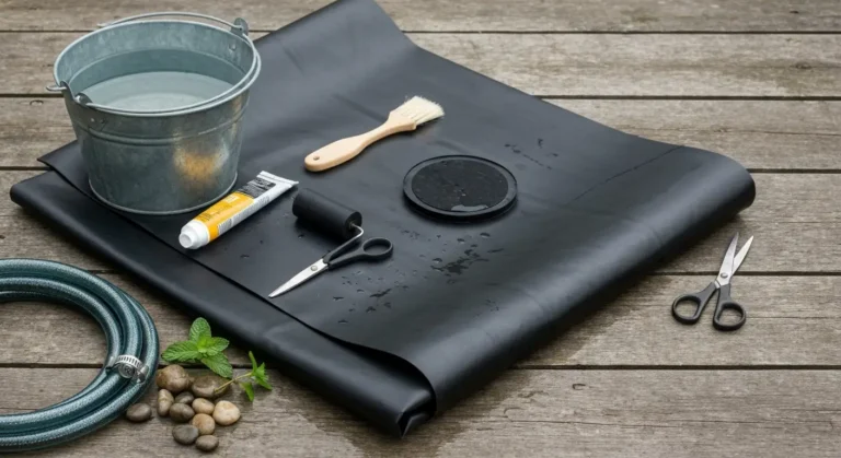 Czarna folia EPDM, latka naprawcza, klej i wiadro z woda na drewnianym blacie obok kamieni i weza do oczka wodnego