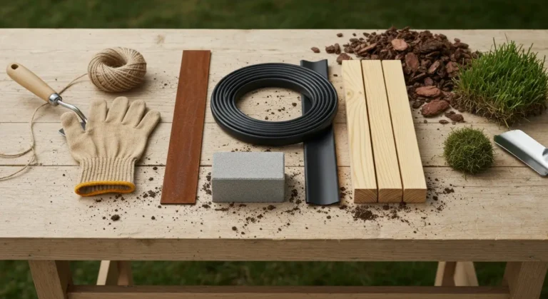 Cztery rodzaje obrzezy ogrodowych - stal corten, plastik PVC, beton i drewno - ulozone na drewnianym blacie z kora i szn