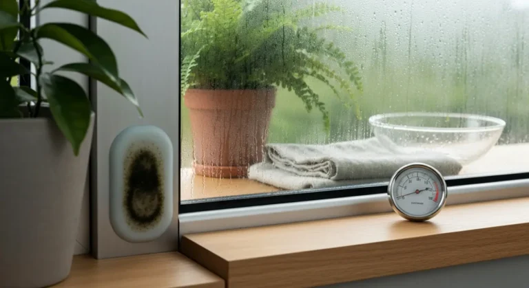 Zaparowana szyba, wilgotna rama aluminiowa i ciemny nalot pleśni w ogrodzie zimowym