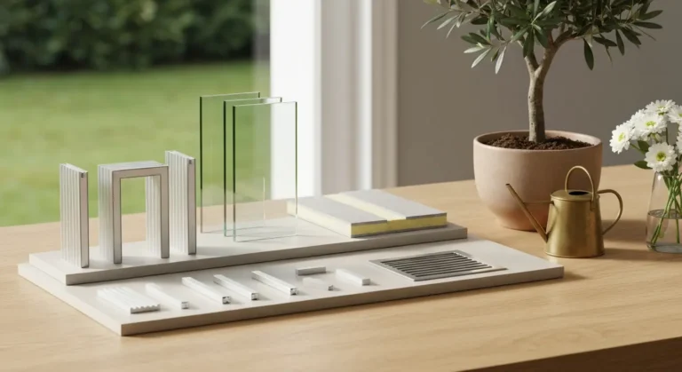 Próbki szkła i aluminiowej konstrukcji ogrodu zimowego z oliwką w ceramicznej donicy