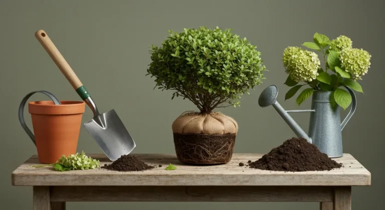 Krzew ozdobny z wilgotną bryłą korzeniową, łopatą i konewką przygotowany do przesadzenia
