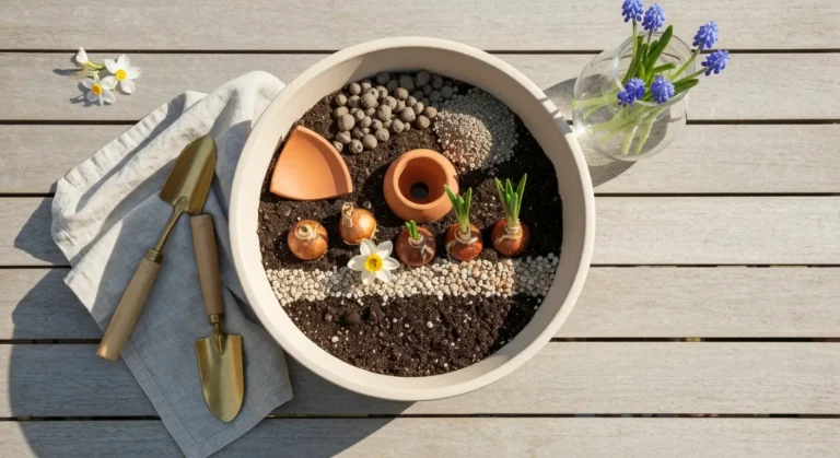 Warstwowe sadzenie cebul tulipanów, narcyzów i krokusów w ceramicznej donicy z drenażem