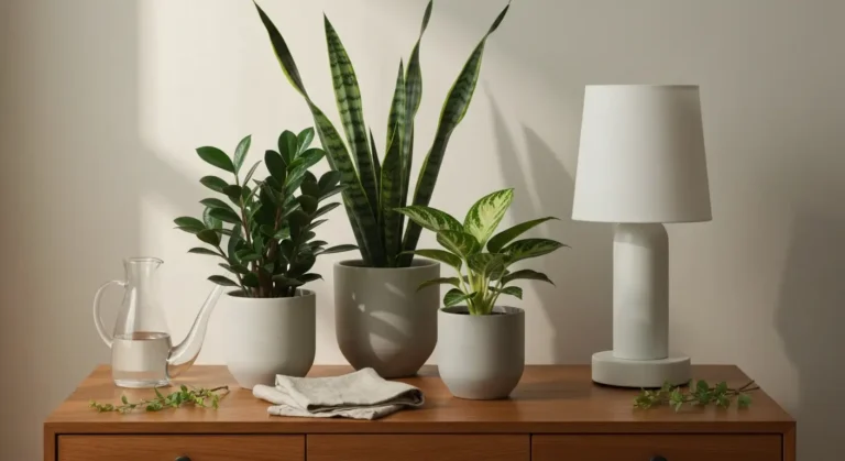 Zamiokulkas, sansewieria i aspidistra w ceramicznych donicach przy delikatnym świetle