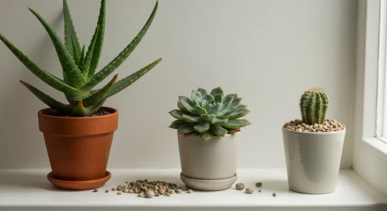 Aloes, grubosz, eszeweria i kaktus w doniczkach na mocno nasłonecznionym parapecie