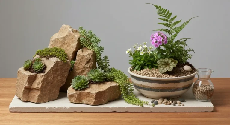 Miniaturowy skalniak z rojnikami, rozchodnikami, floksem i żwirem na kamiennym podłożu