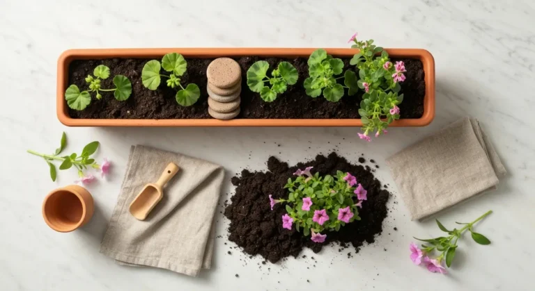 Donica z pelargoniami, surfiniami i drenażem z keramzytu przygotowana do sadzenia