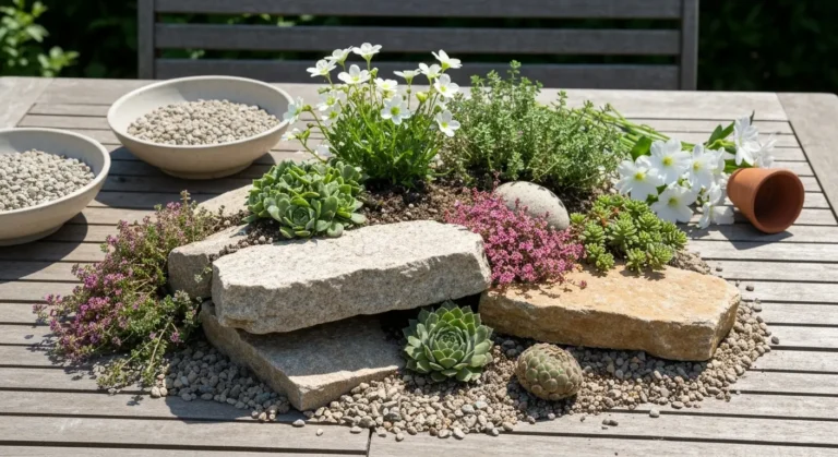 Miniaturowy skalniak z kamieni, żwiru, rojników, rozchodników i kwitnącej macierzanki