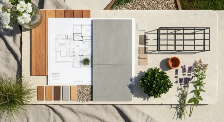 Plansza z materiałami, roślinami i detalami do porównania stylów ogrodu