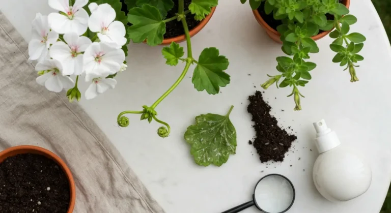 Pelargonia i petunia w donicach z widocznymi mszycami, pajęczynką przędziorków i lupą