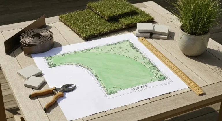 Plan ogrodu z zaznaczonym trawnikiem, obrzeżem stalowym i próbkami darni