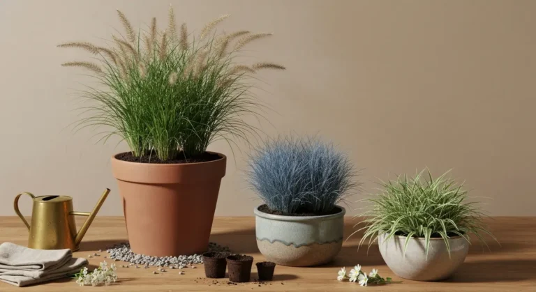 Trawy ozdobne w ceramicznych i terakotowych donicach z konewką na drewnianym tarasie